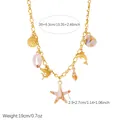 Detail view of gold sea charm necklace with shell and starfish size specifications. - N4328 Style