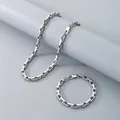 Conjunto de collar y pulsera para hombre de acero inoxidable plateado con eslabones cuadrados - Estilo de Cierre de Langosta Rectangular / Pulsera 20cm