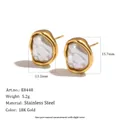 Detailed view of irregular 18K gold plated stainless steel pearl earrings with specs - Irregular Pearl Stud Earrings - Large (E8448_Gold_2) / Gold