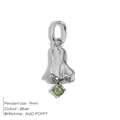 Élégant pendentif en acier inoxydable argenté fleur de naissance d'août avec pierre verte - Août Coquelicot / Argent