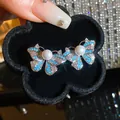 Orecchini a farfalla vintage in argento con smalto blu perle e cristalli brillanti - 34# Perno in Argento - Argento - Blu