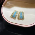 Eleganti orecchini vintage dorati di forma rotonda irregolare con smalto turchese - 36# Perno per orecchini in argento-Oro-Blu