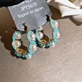 Orecchini a cerchio vintage eleganti con perle bianche e dettagli in turchese. - 40# Perno per orecchini in argento-Oro-Blu