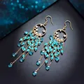 Eleganti orecchini vintage a nappa dorata con perle turchesi e cristalli blu - Ago 62# Argento - Oro - Blu - Verde