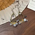 Orecchini pendenti vintage bohemian con perle di marmo grigio e ciondoli a fiore - Ago 63# Argento - Oro - Grigio