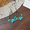 Orecchini pendenti bohémien vintage in turchese con cornici a goccia in bronzo e ciondoli - 64# Perno in argento - Oro - Verde