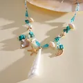 Detailed view of beach-themed beaded necklace with white seashells and golden starfish pendants. - Necklace-Dolphin Starfish