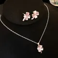 Sweet pink cat-eye stone flower necklace and stud earrings set with sparkling rhinestones - Necklace And Earrings Set / Pink
