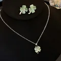 Elegant green cat eye stone four-leaf clover necklace and stud earrings jewelry set for women - Necklace And Earrings Set / Green