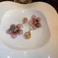 Detailed view of vintage flower earrings featuring pink zircon teardrops and fabric petals - 4# Silver Earring Post Gold Color Pink