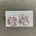 Sweet pink gardenia flower stud earrings with elegant center pearl accents on white card - Gardenia Style (HE33655) / Pink