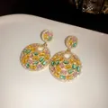 Elegant vintage-style gold earrings featuring colorful zirconia stones in a circular design - Gold Colorful Rhinestone Style (HE12682)