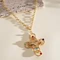 Detail view of the retro gold-tone lip cross necklace featuring colorful resin stones and pearls. - Necklace / Gold