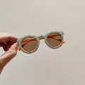 Stylish children's checkered sunglasses in orange and blue with brown lenses for UV protection - Round / Blue Plaid