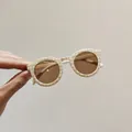 Fashionable plaid pattern children's sunglasses with brown lenses for summer protection - Round / Beige Grid Pattern
