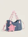 Borsa a tracolla in denim blu con stella rosa e tasca trasparente per carta d'identità - Azzurro