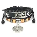 Bracciale retrò multistrato in pelle bovina intrecciata con ciondolo Yin Yang per uomo - Stile Tai Chi Nero (B01411)