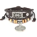 Bracciale vintage in pelle intrecciata multistrato con ciondolo Tai Chi Yin Yang per uomo donna - Stile Tai Chi Marrone (B01411)