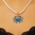 Blue enamel crab pendant necklace with white twisted rope chain for ocean holiday style - Blue Crab Pendant White Rope Chain (7589) / Gold