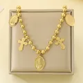 Collar de perlas vintage bañado en oro con dijes religiosos de la Virgen y cruces - Estilo de Colgantes Múltiples Virgen María y Cruz (KN299492-SXSJ) / Dorado