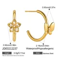 18K gold plated stainless steel earrings with butterfly and zircon flower charms - Asymmetric Flower and Butterfly C-Shaped Earrings (JDE0212237) / Gold