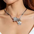 Elegant silver-toned flower pendant necklace with textured petals and flat snake chain - Silver Double Flower Snake Chain Necklace (29834-A-nek-S-2)