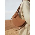 Brown leather half-moon shoulder bag with white contrast stitching and knotted strap - Camel-colored Lychee Pattern / No Gift Box