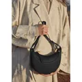 Minimalist black leather crescent saddle bag with gold zipper and adjustable strap - Black Litchi Pattern / No Gift Box