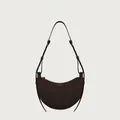Deep brown crescent leather saddle bag with adjustable strap and gold logo - Ebony Plain Grain