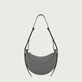Dark grey leather crescent saddle bag with gold logo and adjustable shoulder strap - Gray Plain Pewter