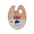 Complete 6-piece professional artist paint brush and wooden palette set for kids and students - Color Handle Brush & Wood Pattern Palette Set / 6-Brush Set