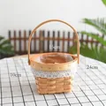 Small handcrafted natural wood woven flower basket with white lace trim and lining - Dia 15cm x H 10cm x Total H 24cm / Lace Wood Chip Round (Lace Wood Style)