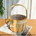 Handcrafted woven wooden flower basket with handle and decorative tassels - Dia 16cm x Depth 12cm x Total H 23cm / Tassel Watermelon Small (Tassel Wood Style)