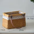 Handmade woven square storage basket with lace trim and leather handles, size 25x14x16.5cm. - 25cm x 14cm x 16.5cm / Wood Chip Rectangular (PU Handle Style)