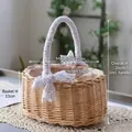Handmade natural wicker flower basket with white lace handle and sweet decorative bow - 22cm x 16cm x 26cm (Basket H 11cm) / Oval Girl Basket Large (Lace Bow Style)