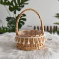 Handmade woven wicker flower basket with white tassels and arched handle for rustic decor - Dia 20cm x Basket H 10cm x Total H 25cm / Princess Basket Large (Tassel Woven)