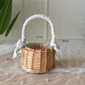Small handmade wicker basket with lace handle and pearl decorations, 20cm height. - Dia 11cm x Basket H 9cm x Total H 20cm / Girl Basket Small (Lace Bow Style)