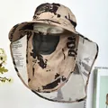 Mens camouflage sun protection bucket hat featuring breathable face mask and neck flap - Camo Shawl / Khaki Ink