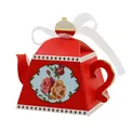 European style red teapot shaped paper candy box with floral patterns and ribbon - Red Gold Teapot