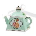 Mint green teapot-shaped paper candy box with floral patterns and white ribbon - Blue Gold Teapot