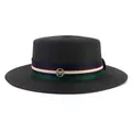 Elegant black flat top straw sun hat with four-color striped ribbon and gold M logo - Black