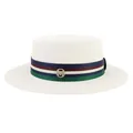 Elegant white flat-top boater straw hat with colorful ribbon and gold M logo - White