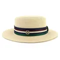 Flat top beige straw boater hat with striped ribbon and gold M logo for summer - Beige