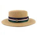 Classic flat top boater straw hat with multi-color striped ribbon and M-metal badge - Khaki