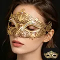 Close-up of golden metal filigree masquerade mask with sparkling rhinestones on model - Sword Tip - White Zirconia
