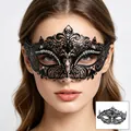 Elegant black metal masquerade mask featuring intricate hollow lace and rhinestones - One Size / Black with White Diamond