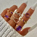 Luxuriöses, vergoldetes siebenteiliges Ring-Set mit lila Kristallen und Strasssteinen - Gold Lila Edelstein 7-teiliges Set (26394-G)