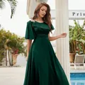 Vestido de noche elegante verde oscuro con mangas con volantes y bordado dorado - S / Verde Oscuro