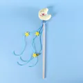 Plush moon cat teaser wand with blue ribbons and yellow stars for interactive play - Moon Cat Wand