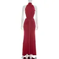 Elegante abito lungo rosso con scollo all'americana, vita arricciata e schiena nuda - S / Rosso